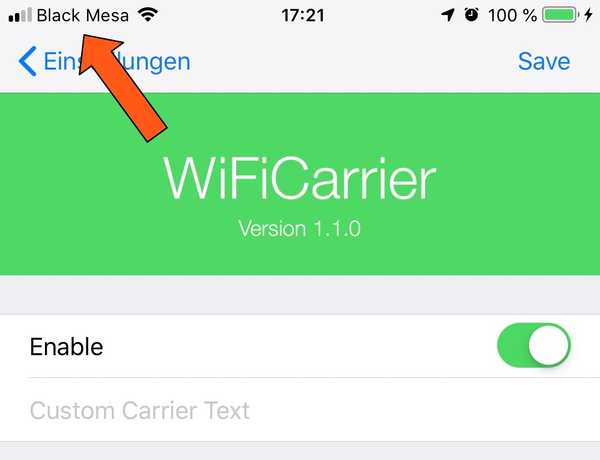 WiFiCarrier ersetzt den Trägertext der Statusleiste durch den Namen des Wi-Fi-Netzwerks, wenn eine Verbindung zu Wi-Fi besteht