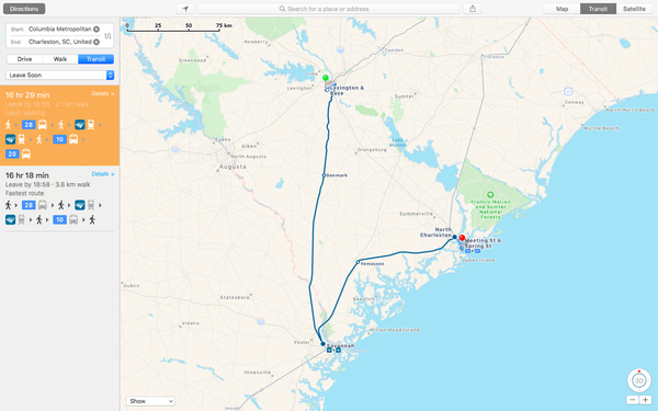 Apple Maps Transit-Routen sind jetzt in Columbia, Charleston und Greenville verfügbar