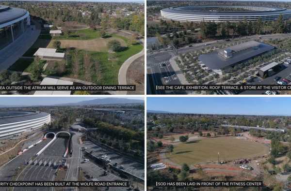 Apple Park drone video visar uteservering utomhus och andra färdiga bekvämligheter