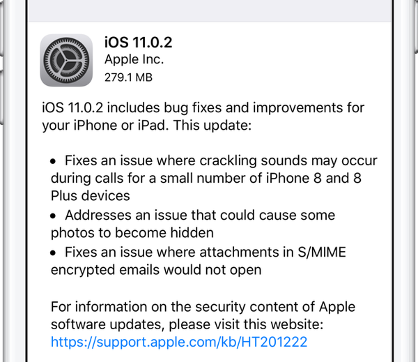 Apple publie iOS 11.0.2 corrigeant le grésillement de l'iPhone 8 lors des appels et d'autres problèmes