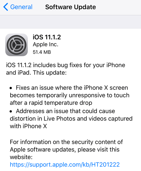 Apple publiceert iOS 11.1.2 met een oplossing voor het iPhone X-scherm dat niet reageert bij koud weer
