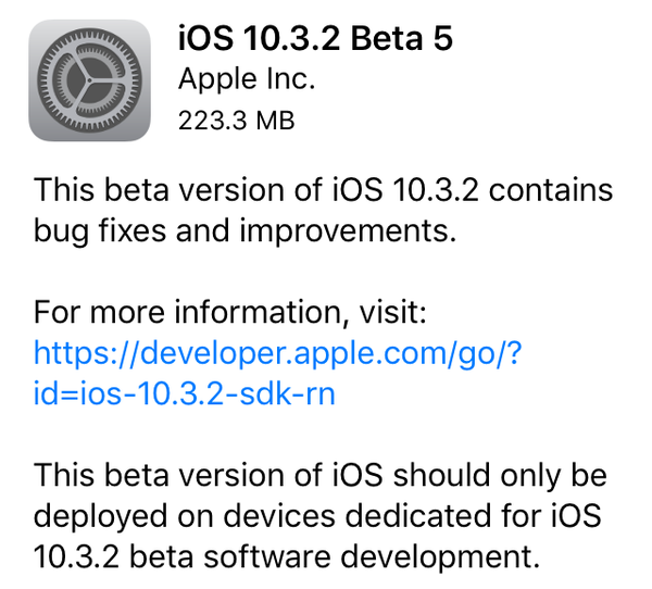 Apple frön iOS 10.3.2 beta 5 till utvecklare