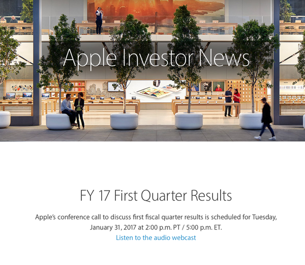 Apple maakt zijn winst over het eerste kwartaal van 2017 bekend op 31 januari