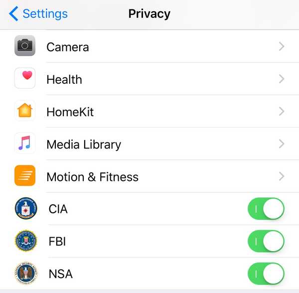 Un tweak hilarant ajoute des interrupteurs à bascule de surveillance du gouvernement à votre iPhone jailbreaké