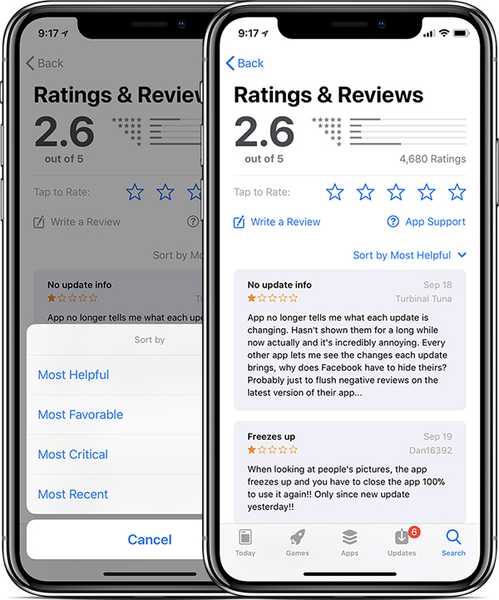iOS 11.3 te permite ordenar las reseñas de la App Store