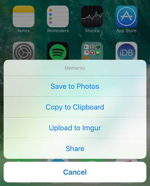 Memento vous invite avec plus d'options après avoir pris une capture d'écran