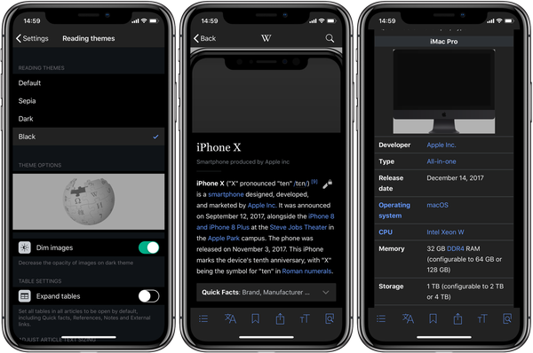 Wikipedia para iOS recoge el tema de lectura en negro perfecto para la pantalla del iPhone X
