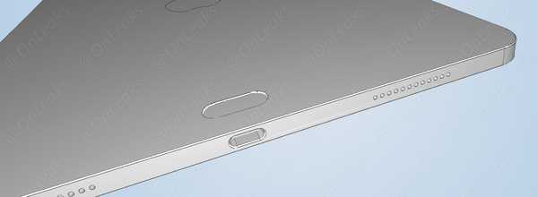CAD-ritningar visar en omdesignad p-pilsformad Smart Connector på baksidan av iPad Pro 2018
