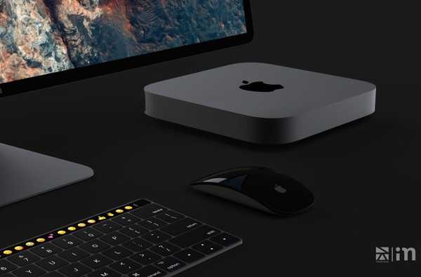 Konsept Mac mini pro + neste generasjons Apple Display & Touch Bar-aktivert Magic Keyboard