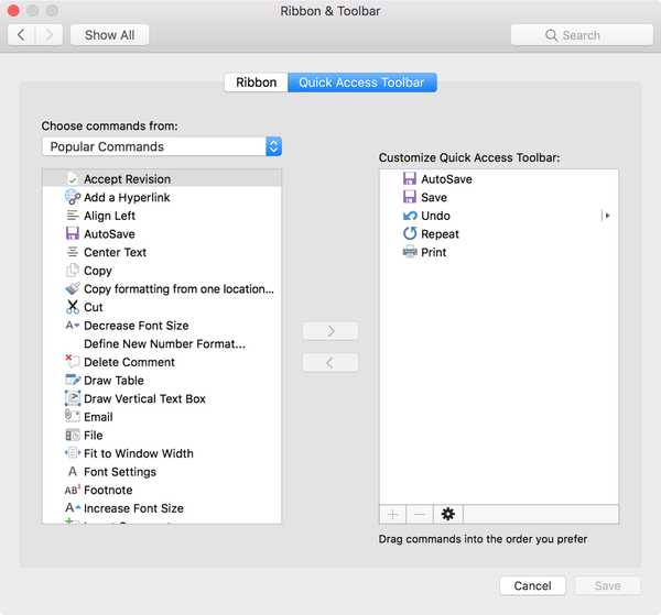 Como personalizar a barra de ferramentas de acesso rápido no Word e Excel no Mac