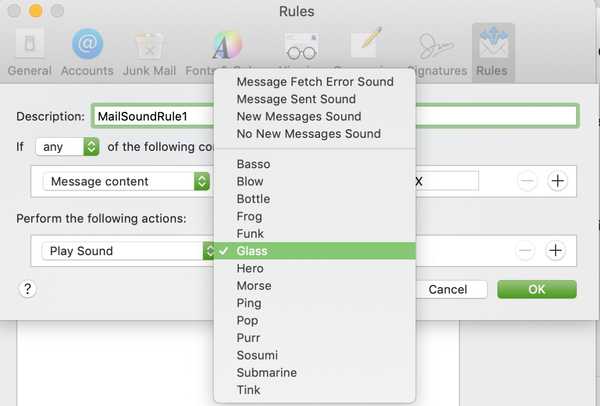 Como fazer com que o Mac Mail reproduza um som ao receber um email com texto específico