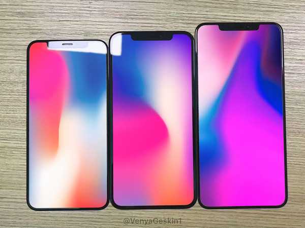 Durchlässige Glasscheiben veranschaulichen den Größenunterschied zwischen drei neuen iPhones, die 2018 auf den Markt kommen