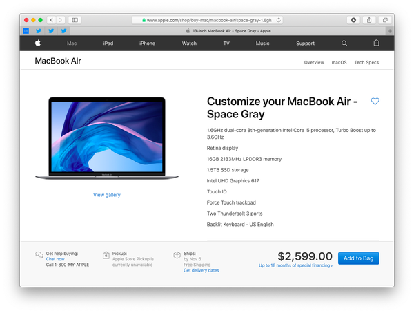 Maximizar o 2018 MacBook Air resulta em um notebook de US $ 2.599
