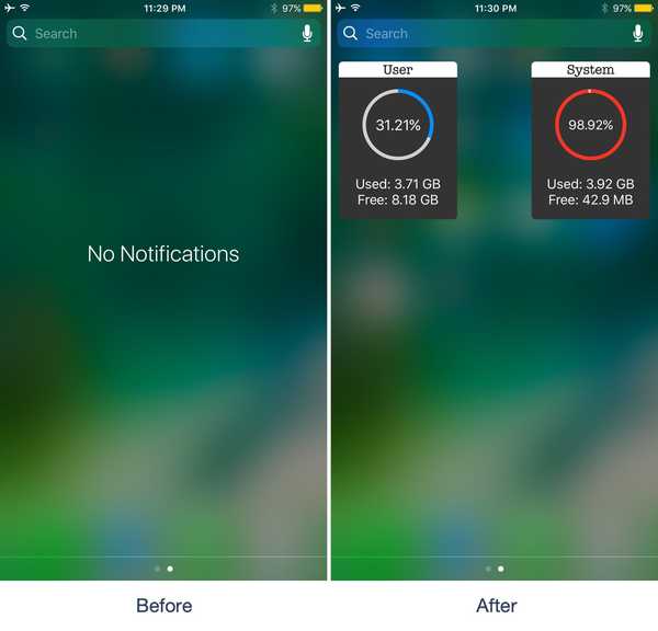 NCFancy înlocuiește textul „Fără notificări” din Centrul de notificări iOS 10 cu informații despre stocare