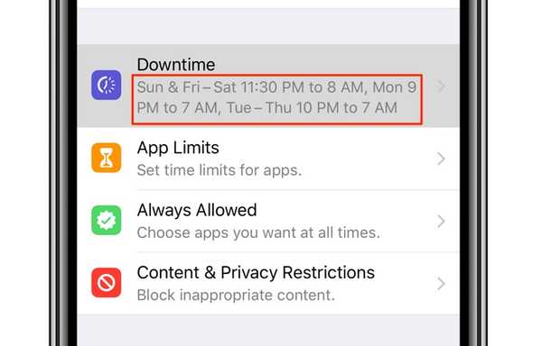 Le temps d'écran dans iOS 12.2 vous permet de choisir des jours et des heures spécifiques pour activer le temps d'arrêt