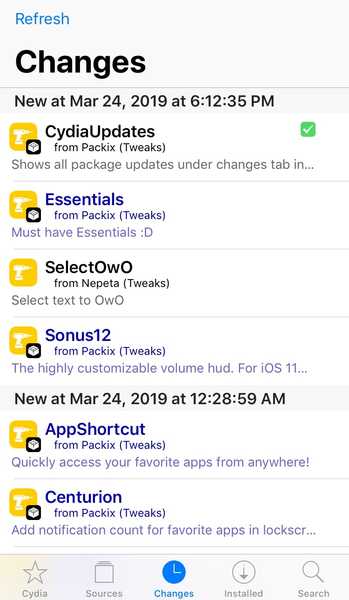 CydiaUpdates legger pakkeoppdateringer i Cydias fane 'Endringer' sammen med nye utgivelser