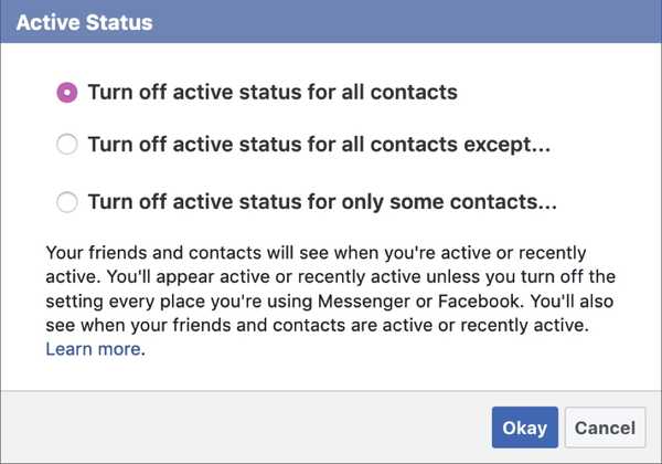 Hoe u uw actieve status in Facebook en Messenger uitschakelt