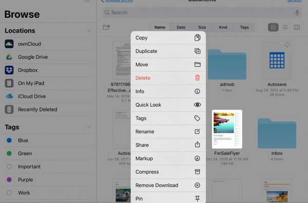 Snelle acties gebruiken in de app Bestanden op iPad