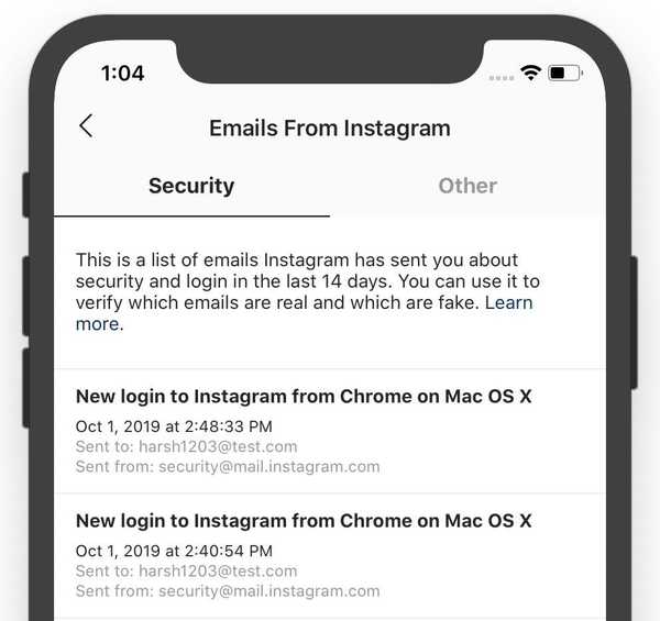 La nuova funzione di sicurezza dell'account di Instagram rende molto più facile individuare e-mail di phishing