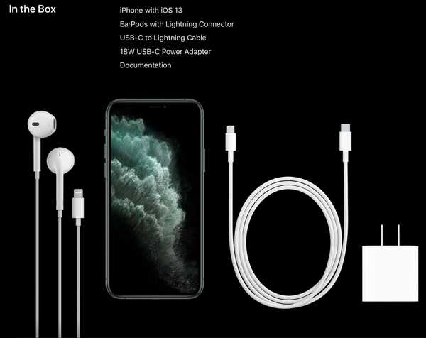 Model iPhone 11 Pro hadir dengan adaptor daya USB-C 18W dan kabel Lightning to USB-C di dalam kotak