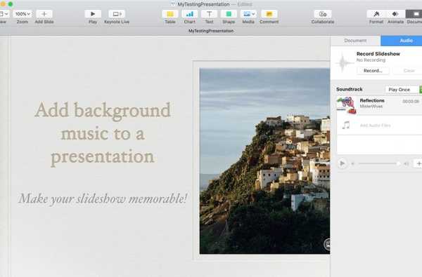 Hoe achtergrondmuziek of een soundtrack toe te voegen in Keynote